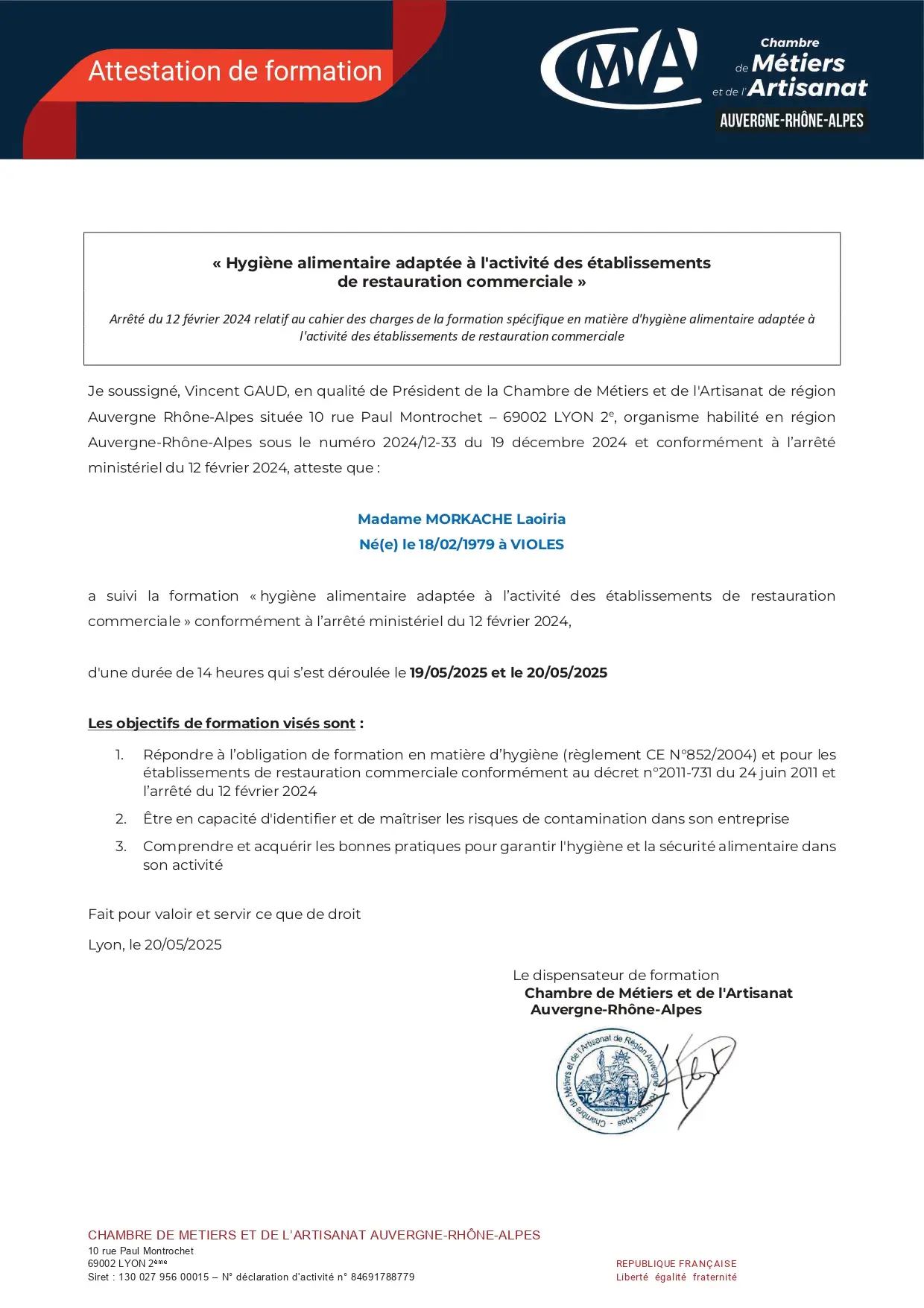 attestation hygiène KAIM EVENTS